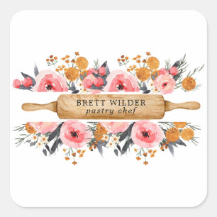 Sticker Carré Chef pâtissier Baker Rolling Pin Floral