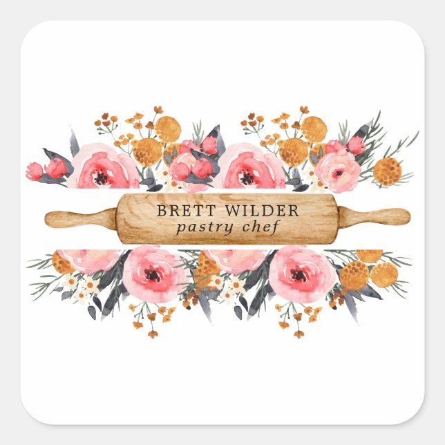 Sticker Carré Chef pâtissier Baker Rolling Pin Floral (Devant)