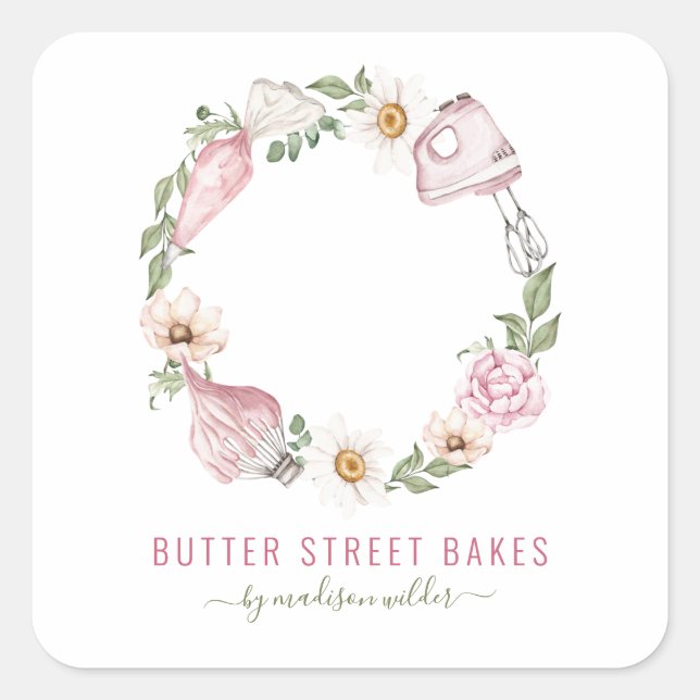 Sticker Carré Chef pâtissier boulanger Aquarelle Cuisine Ustensi (Devant)