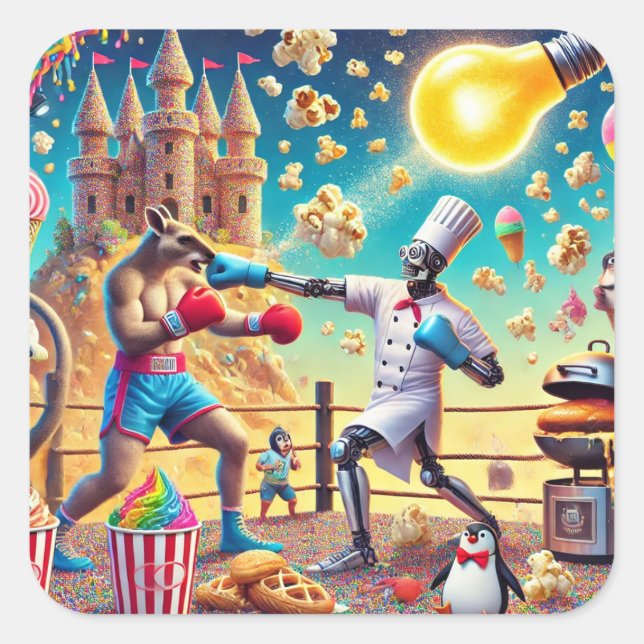 Sticker Carré Chef robot contre Kangaroo Boxer Showdown (Devant)