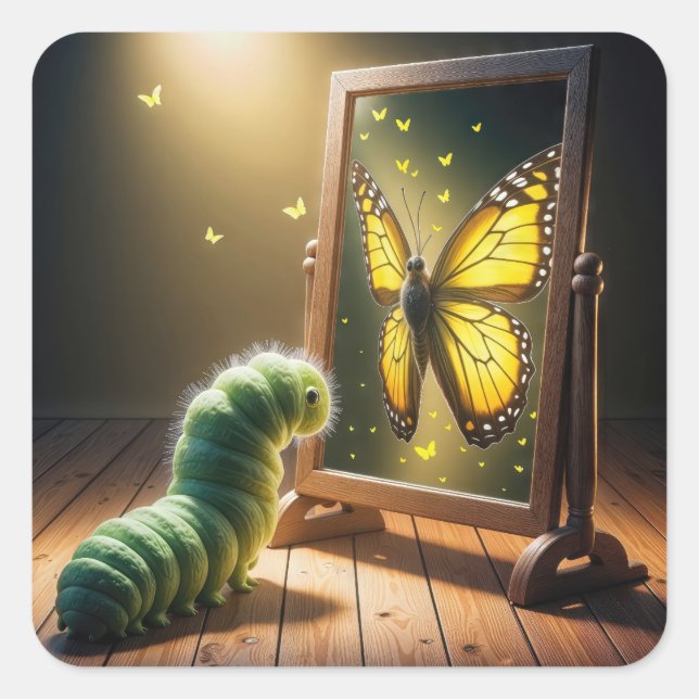 Sticker Carré Chenille regardant un papillon dans un miroir (Devant)
