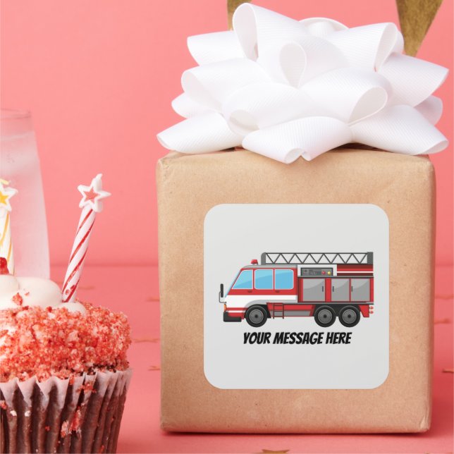Sticker Carré Cher pompier camion ajouter un message de nom (Fête)