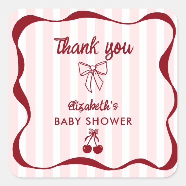 Sticker Carré Cherry Baby Shower Thank you Bows Coquette (Devant)