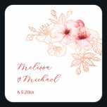 Sticker Carré Cherry Blossom Pink White Wedding<br><div class="desc">Pretty pink watercolor cherry blossoms and a rose gold/ copper line art cherry blossom branch on a white background. Custom bride and groom names in an elegant handwritten script.</div>