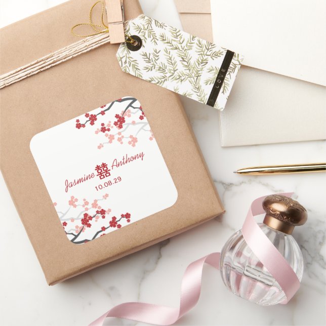 Sticker Carré Cherry Blossoms double bonheur Mariage chinois (Cadeaux)