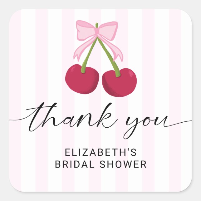 Sticker Carré Cherry On Top Bridal Shower Coquette Bow Stripes (Devant)