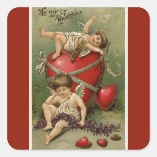 Sticker Carré Cherubs vintages et Coeurs de Saint Valentin Rouge
