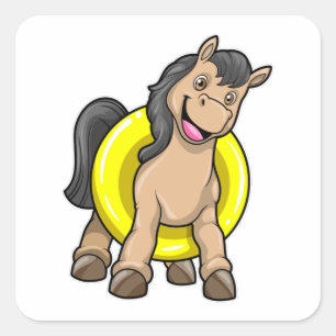 Sticker Carré Cheval à la plage avec anneau de natation