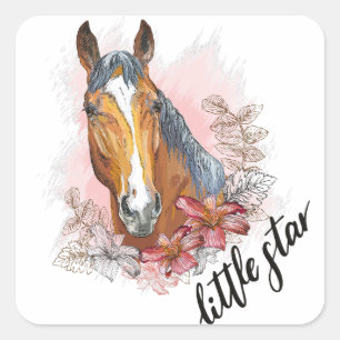 Sticker Carré Cheval à main avec plantes et fleurs T-shirt