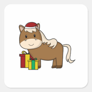 Sticker Carré Cheval avec chapeau et cadeaux de Père Noël