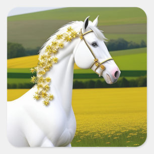 Sticker Carré Cheval blanc avec guirlande florale