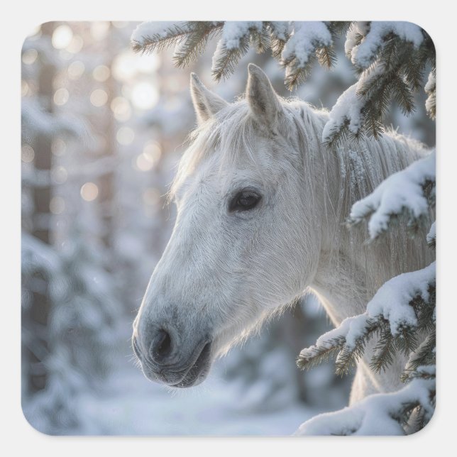 Sticker Carré Cheval Blanc d'Hiver dans un Pin enneigé (Devant)