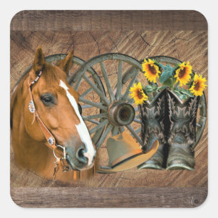 Sticker Carré Cheval Boot Boots Wagon Wheels Sunflower Western