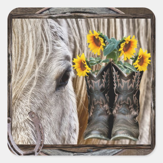 Sticker Carré Cheval Boots Cowboy Sunflowers Horseshoe (Devant)