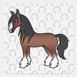 Sticker Carré Cheval brun de dessin animé Gypsy Vanner Shire Cly
