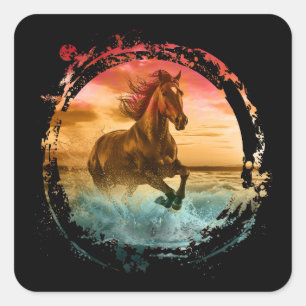 STICKER CARRÉ CHEVAL COURANT SUR LE PAYSAGE MARIN AU BORD DE MER