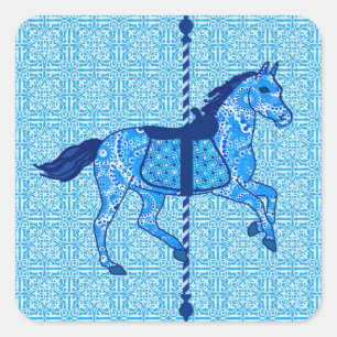 Sticker Carré Cheval de carrousel - Cobalt et Sky Blue