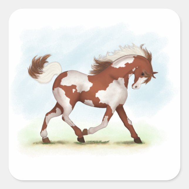 Sticker Carré Cheval de Chestnut Overo Skewbald (Devant)