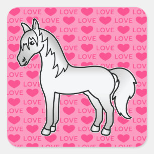 Sticker Carré Cheval de dessin animé gris coeurs d'amour