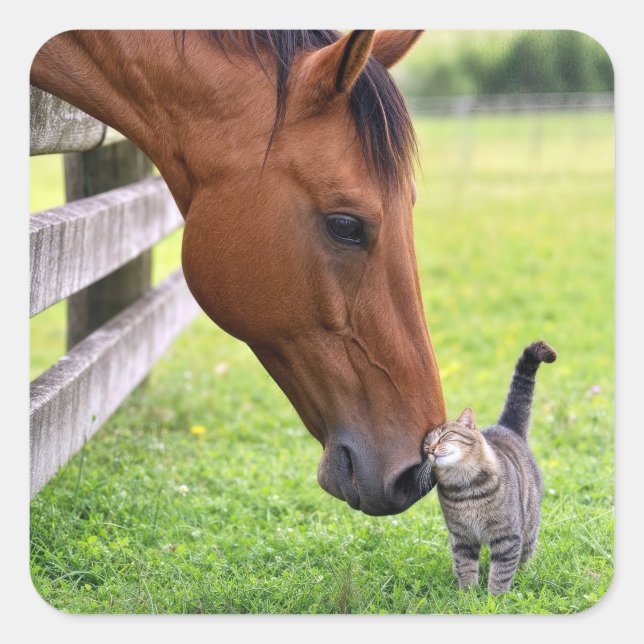 Sticker Carré Cheval de ferme avec chat tigré (Devant)