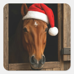 Sticker Carré Cheval de Noël dans la fenêtre de l'écurie