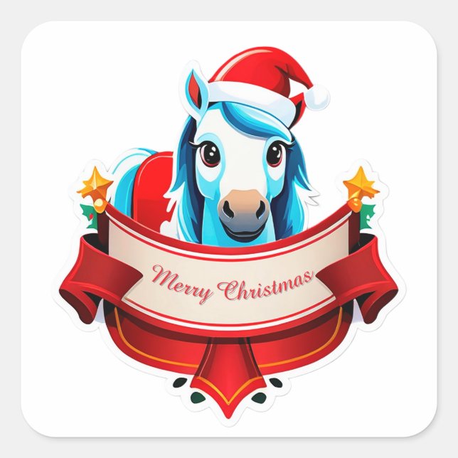 Sticker Carré Cheval de Noël joyeux avec bannière (Devant)