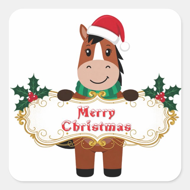 Sticker Carré Cheval de Noël joyeux avec bannière (Devant)