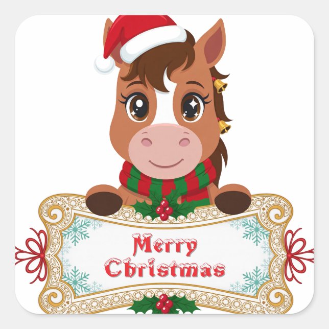 Sticker Carré Cheval de Noël joyeux avec bannière (Devant)