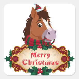 Sticker Carré Cheval de Noël joyeux avec bannière