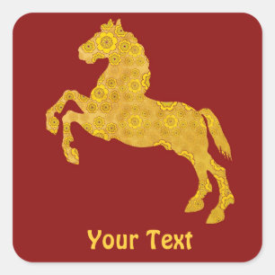 Sticker Carré Cheval d'or de motif de pétale de Lotus sur rouge