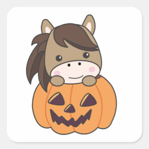 Sticker Carré Cheval En Chevaux Doux Citrouille Joyeux Halloween