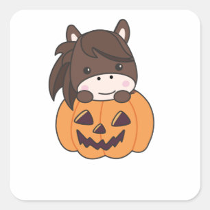 Sticker Carré Cheval En Chevaux Doux Citrouille Joyeux Halloween