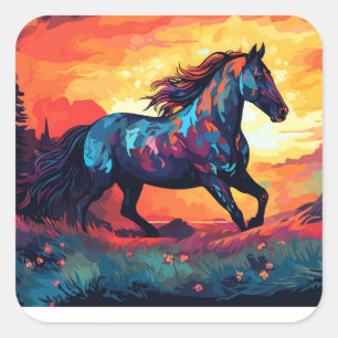 Sticker Carré Cheval En Course Sur Le Terrain Art Abstrait Cheva