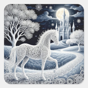 Sticker Carré Cheval éthéré et château enchanté