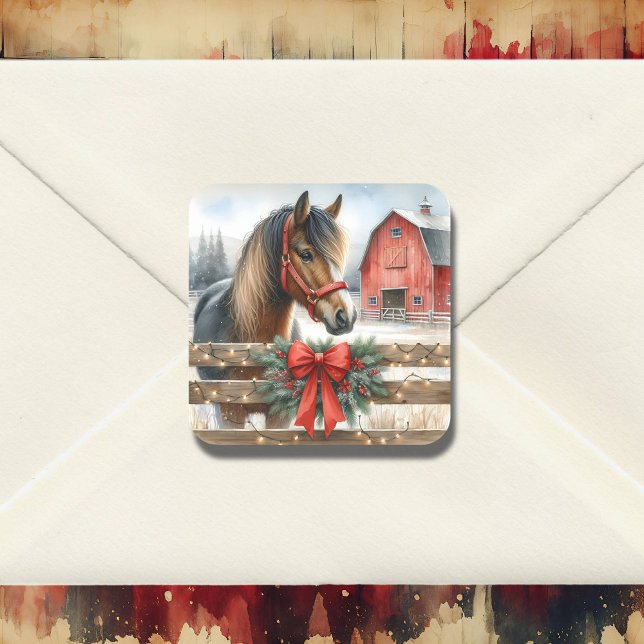 Sticker Carré Cheval Festif et Red Rustic Grange Noël (Créateur téléchargé)