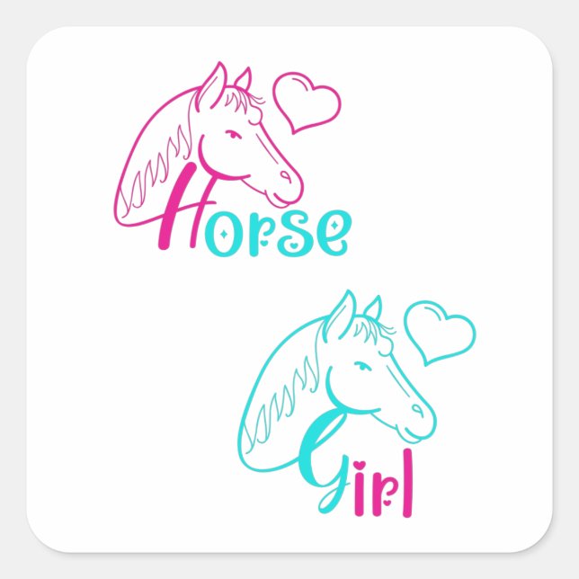 Sticker Carré Cheval Girl en rose et turquoise (Devant)