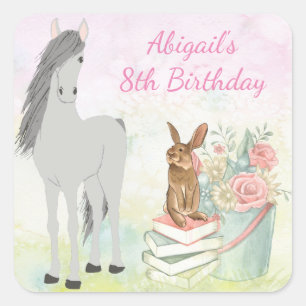 Sticker Carré Cheval, lapin et fleurs personnalisés Anniversaire