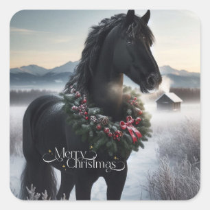 Sticker Carré Cheval noir dans la neige avec couronne de Noël