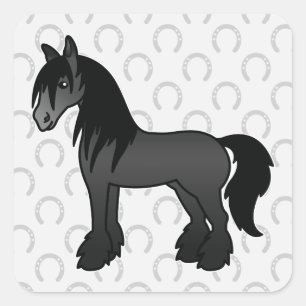 Sticker Carré Cheval noir de dessin animé Gypsy Vanner Shire Cly