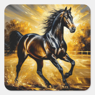 Sticker Carré Cheval noir galopant à travers l'eau dans un couch