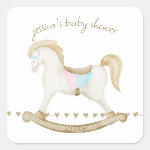 Sticker Carré Cheval Rocher bleu rose Baby shower neutre pour le