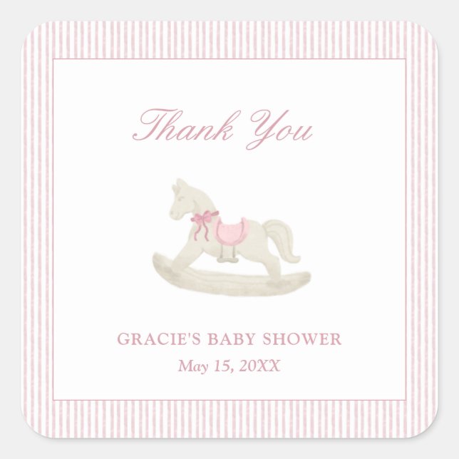 Sticker Carré Cheval rose Fille Baby shower Merci (Devant)