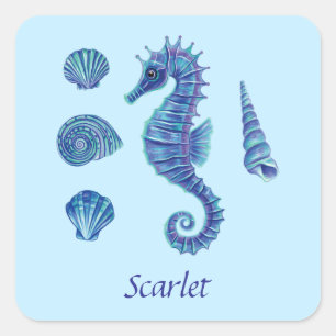 Sticker Carré Chevalier de mer et coquillages bleus personnalisa
