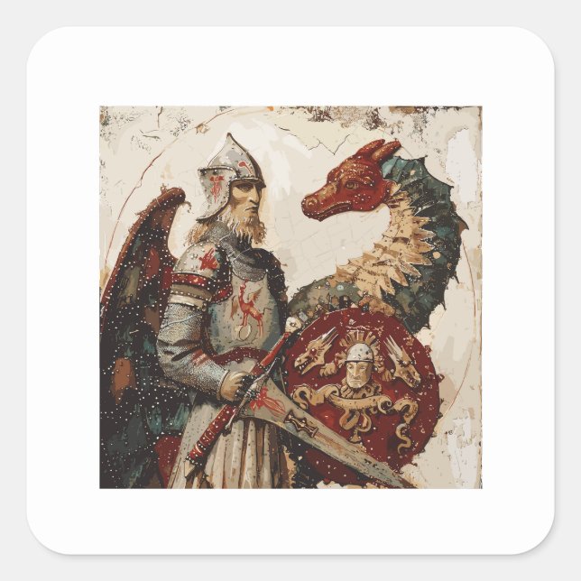 Sticker Carré Chevalier médiéval avec Dragon (Devant)