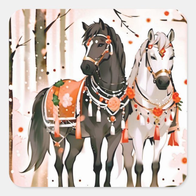 Sticker Carré Chevaux à l'aquarelle dans le feuillage d'automne  (Devant)