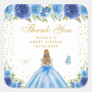 Sticker Carré Cheveux Blonds Fleuris Bleus Princesse Sweet Sixte