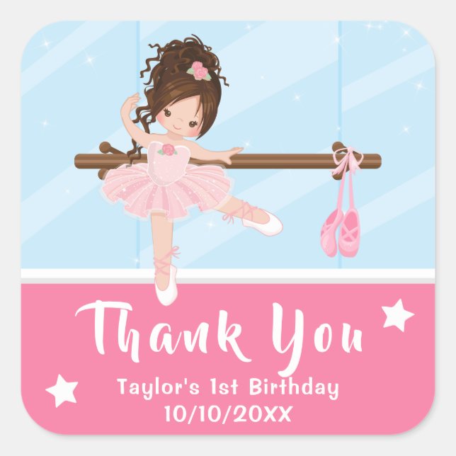 Sticker Carré Cheveux Brown Ballerina rose Anniversaire Merci Sq (Devant)