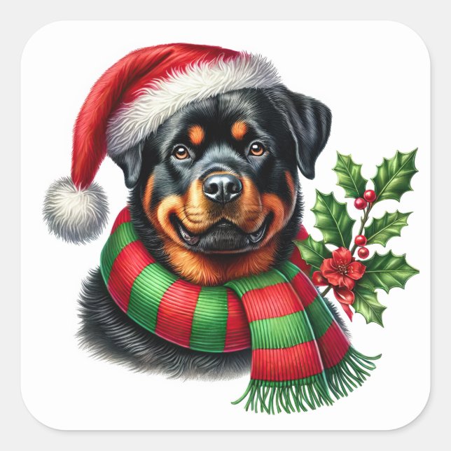 Sticker Carré Cheveux Rottweiler Avec Casquette de Noël et Échar (Devant)