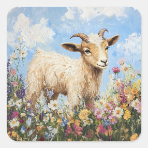 Sticker Carré Chèvre Cute Entourée De Fleurs sauvages