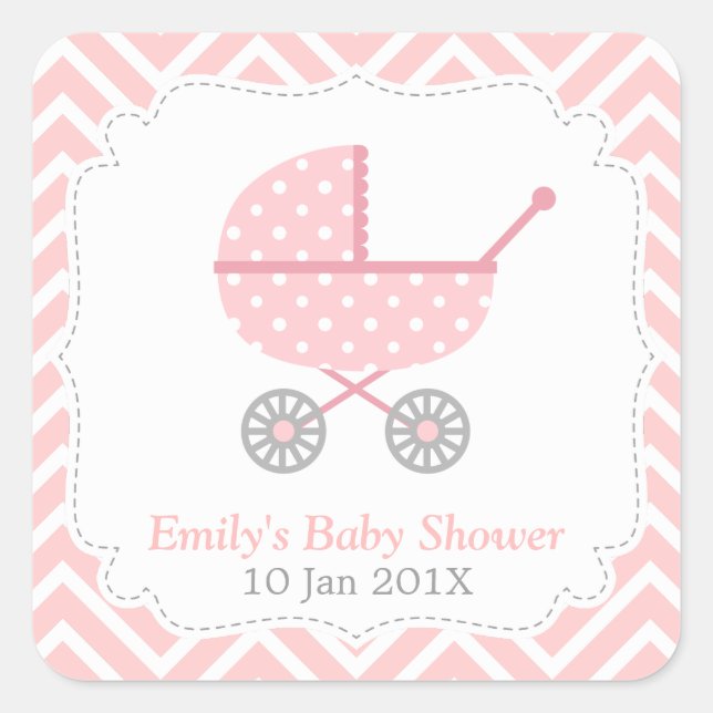Sticker Carré Chevron rose et blanc, Poussette, Douche bébé fill (Devant)